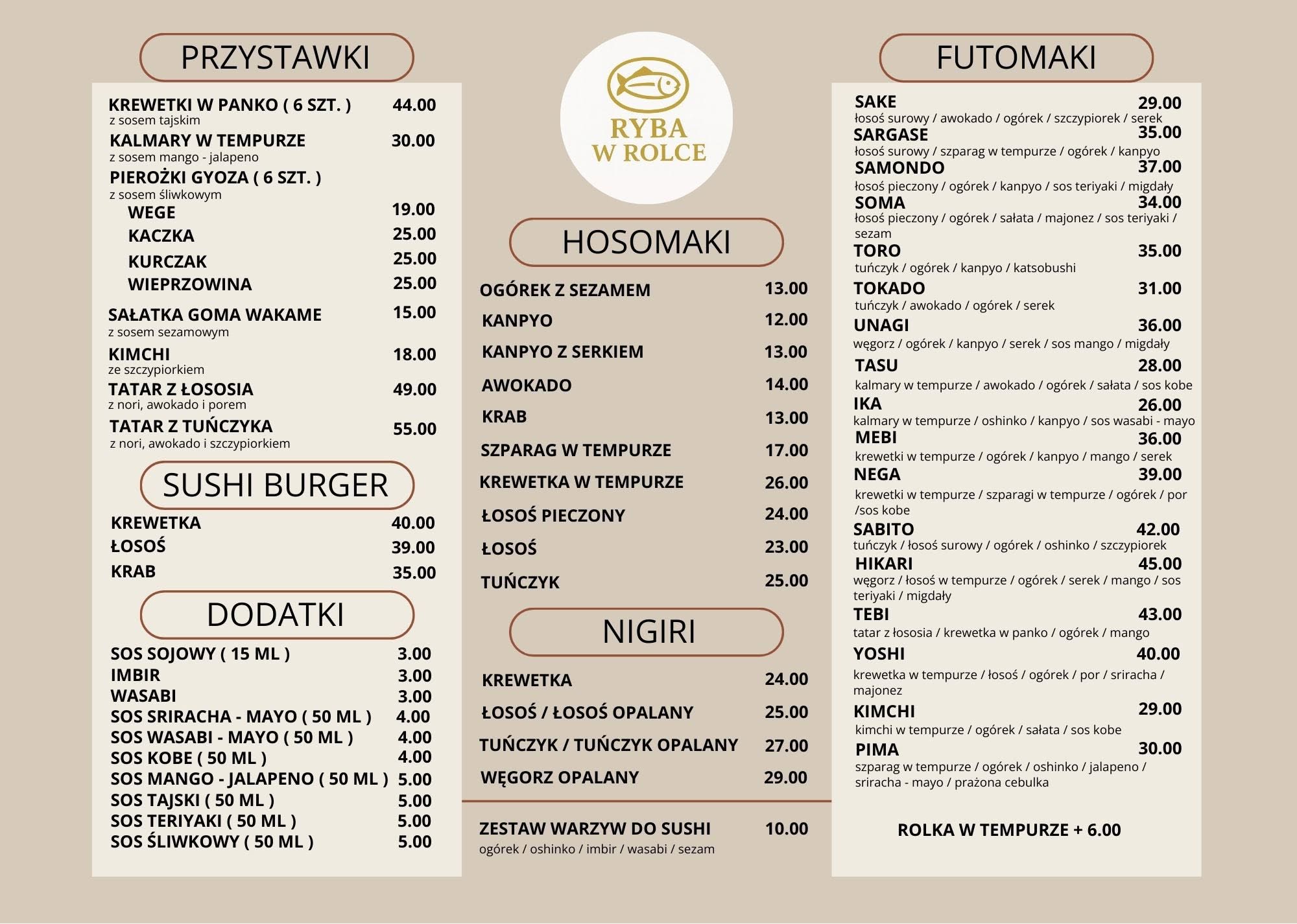 Menu Ryba w Rolce, część 1: przystawki, sushi burger, dodatki, hosomaki, nigiri, futomaki