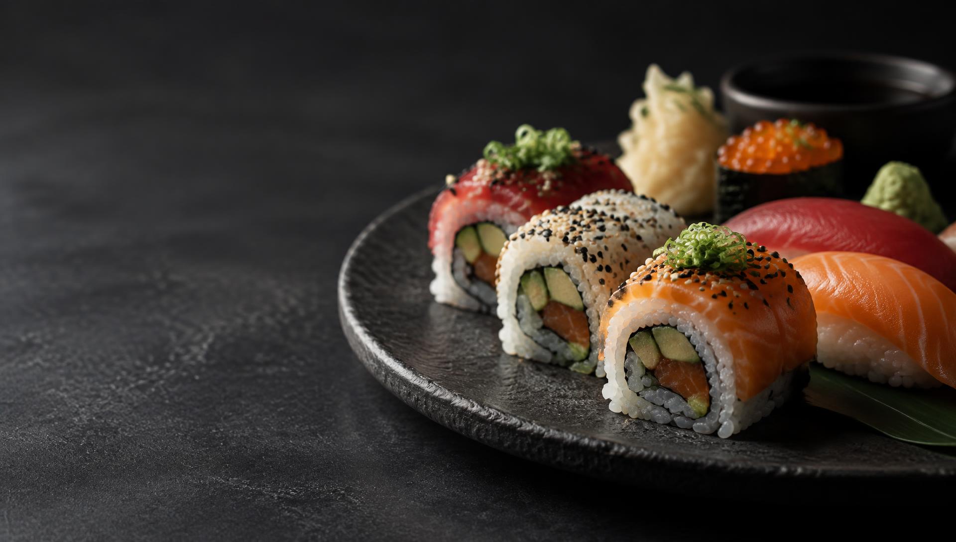 Rolki sushi z łososiem, tuńczykiem i awokado na ciemnym talerzu
